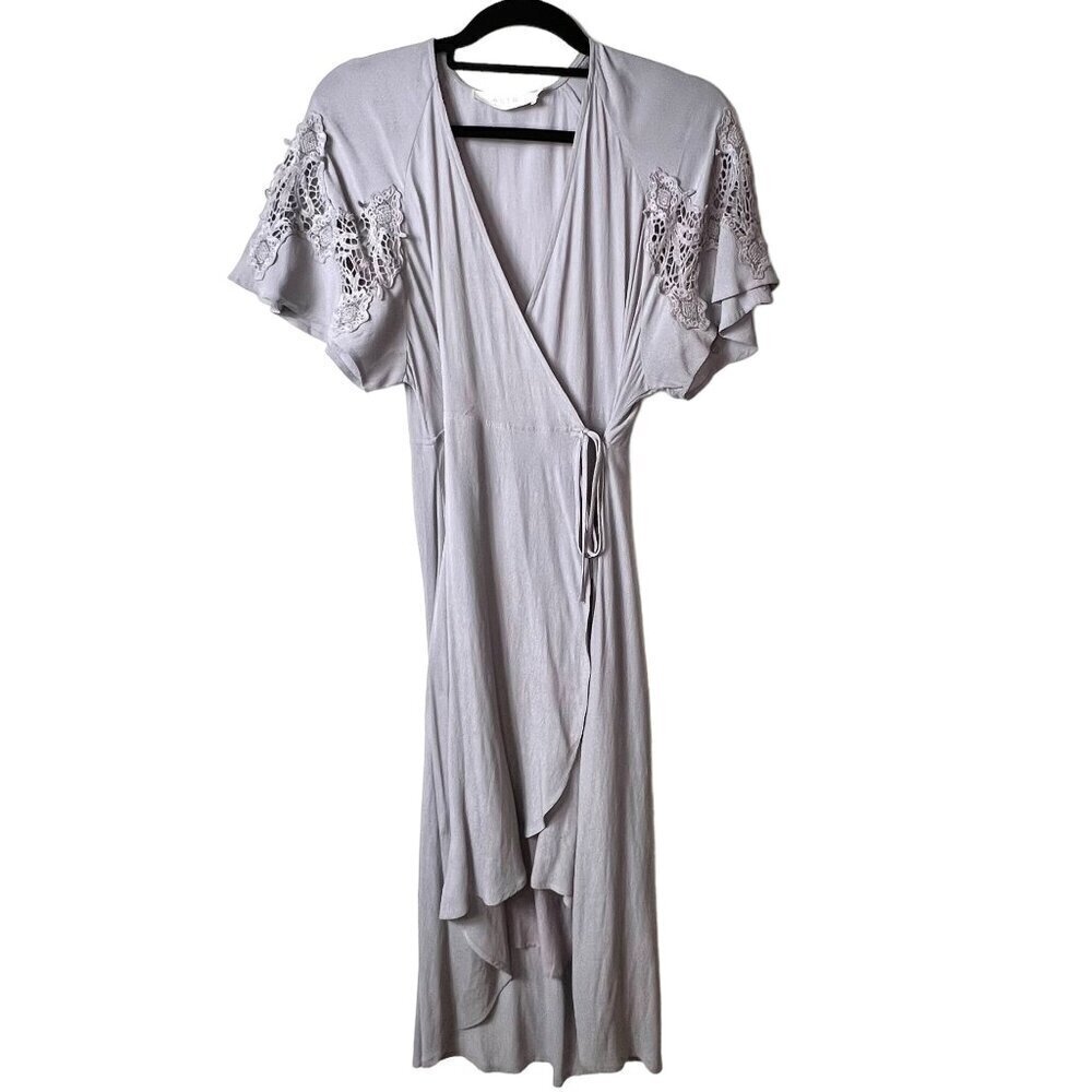 ASTR The Label Lavender Grey Crochet Lace Flutter Sleeve Wrap Maxi Dress Small